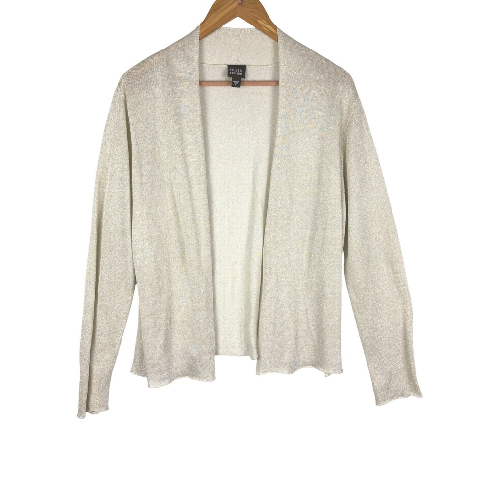 Eileen Fisher Long Sleeve Open Cardigan L Silver Metallic Knit Evening Elegant